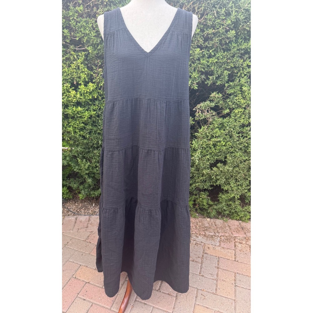 Quince Women Black 100% Cotton Gauze Tiered V-Neck Maxi Dress Small Sleeveless